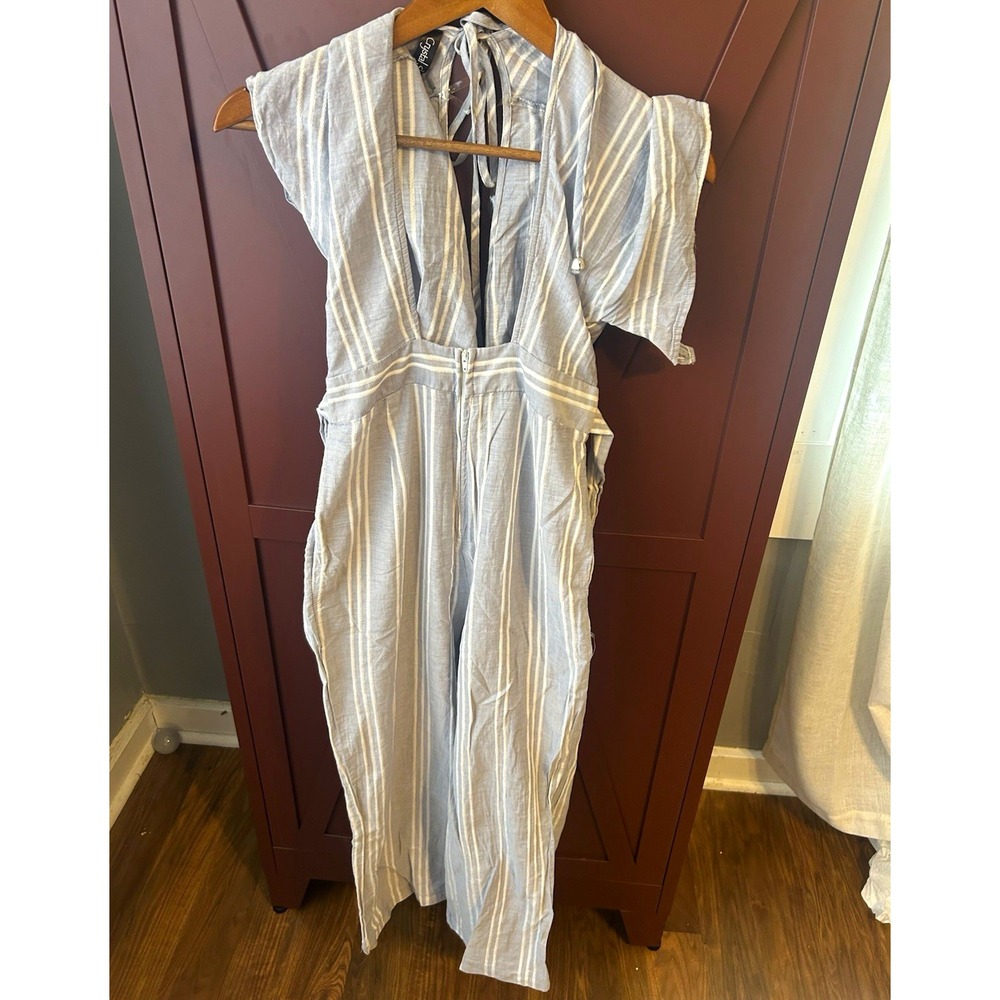 Crystal Sky Women's Small Size 5 Blue White Striped Jumpsuit Tie Waist